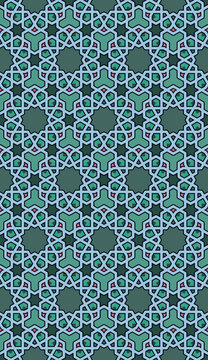 Seamless islamic geometric arabesque pattern with turquoise accents