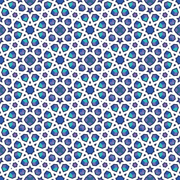 Islamic geometric pattern repeat creating blue arabesque tiles
