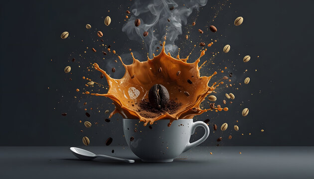 Splashing hot coffee explosion in slow motion. Steaming beverage burst with golden liquid droplets and dark roast particles.