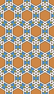 Islamic geometric pattern featuring arabesque hexagons and colorful mosaic design