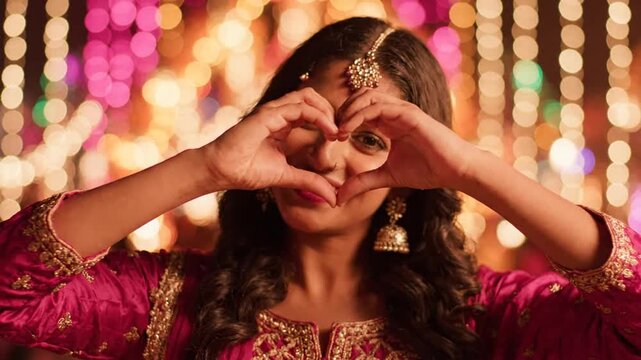 Smiling Indian woman in traditional dress with lights