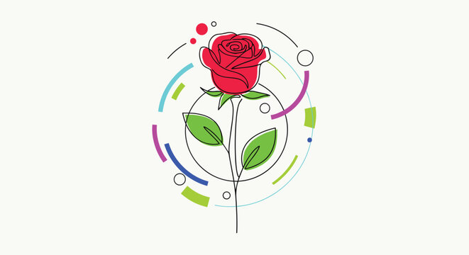 Elegant red rose line art illustration with colorful geometric circles and abstract curves on white backdrop.