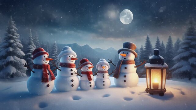Cute snowman family standing in snowy winter landscape at night under full moon with glowing lantern