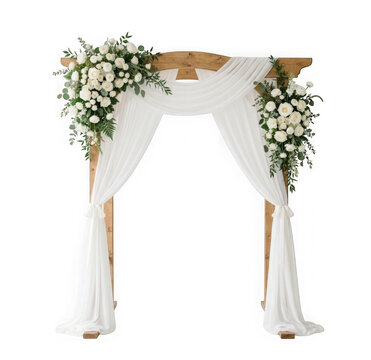 Wooden wedding arch decorated with white flowers and sheer fabric isolated on transparent background