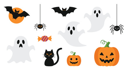 Obraz premium Diverse set of Halloween themed graphics featuring spooky ghosts, a black cat, pumpkins, bats, and cute spiders.