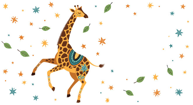 Playful cartoon giraffe decorated with ethnic patterns dancing happily among colorful stars and falling green leaves.