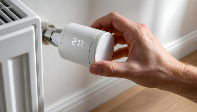Hand adjusting modern white thermostat on wall. Energy-efficient temperature control device for smart home climate management.