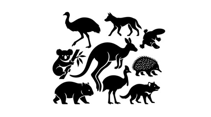 Obraz premium Australian Animals Silhouette Collection: Kangaroo, Emu, Koala, Wombat, Platypus, Echidna, Dingo, Tasmanian Devil