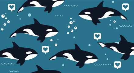 Naklejka premium Deep blue seamless pattern featuring beautiful killer whales swimming among bubbles and speech bubbles with hearts.