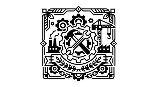 Industrial Emblem with Tools, Gears, Factory, and Crane. Black and White.