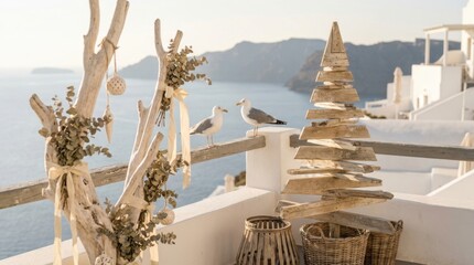 Obraz premium Seagulls perched on a railing with a rustic driftwood Christmas tree and ocean view
