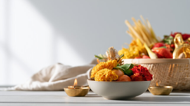 Traditional Offering of Flowers and Fruits for the Sacred Dashain Festival Celebrations in a Minimalist Wooden Setting