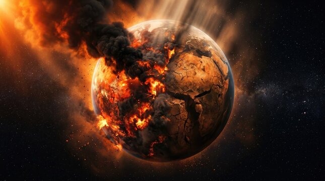 Fiery planet earth exploding in space apocalyptic concept