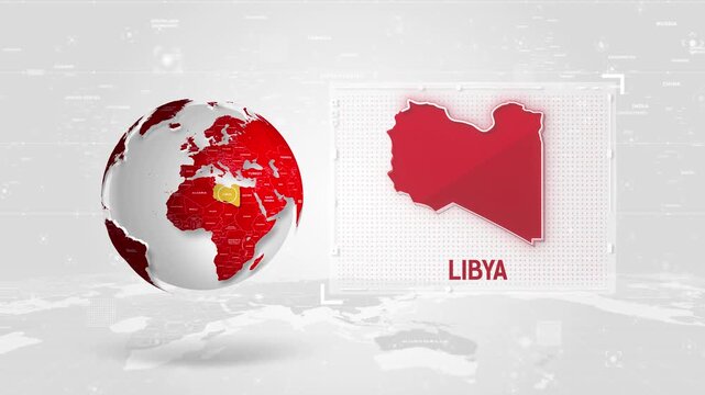 Libya 4K Tech Map Beside Globe On White Background.