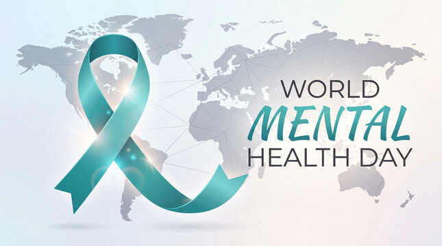 A conceptual banner for World Mental Health Day featuring a glowing teal awareness ribbon set against a stylized global map background.