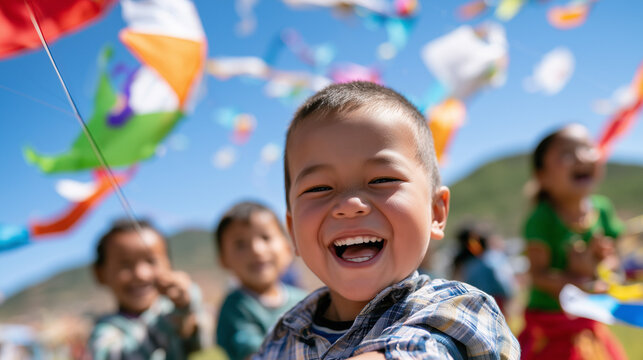 Joyful Asian Children Celebrating Dashain Festival Outdoors with Colorful Kites Flying in the Sunny Sky