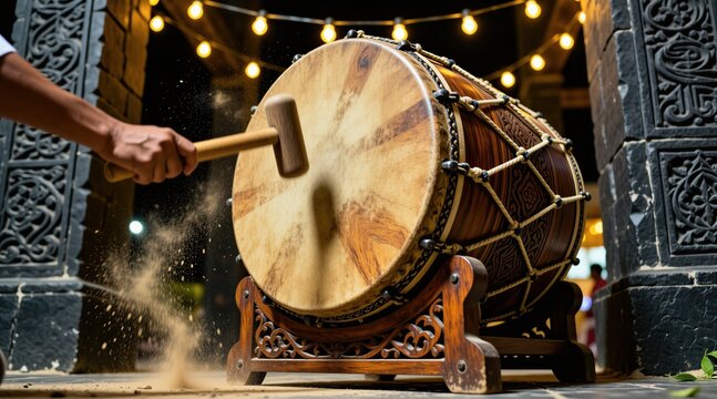 Man hits large traditional wooden drum with mallet. Dust flies as sound is made. Festive lights glow in background. Islamic culture event celebration.
