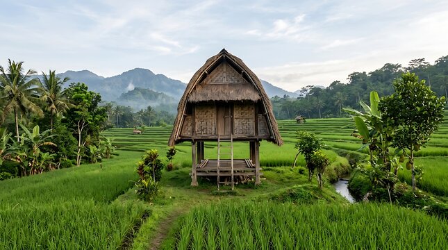 Traditional wooden hut in lush green rice terraces with mountains