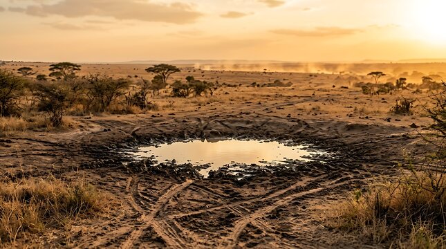African savanna watering hole at sunset with muddy animal tracks