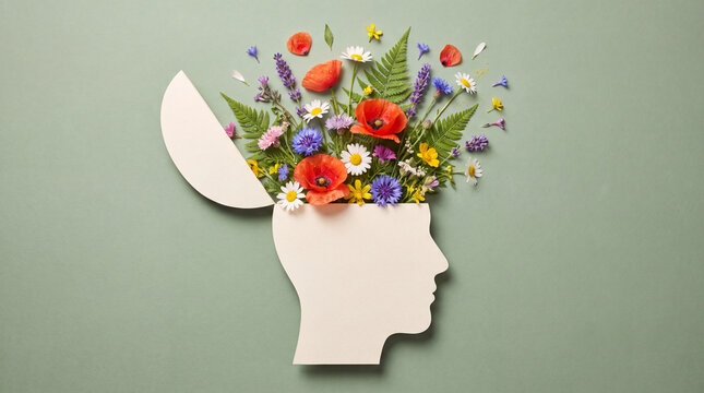 A paper cutout head silhouette blooming with vibrant wildflowers and ferns, representing positive thinking, mental health, and connection to nature.