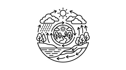 Fototapeta premium Minimalist Black and White of the Water Cycle with Forest and Sun Elements with high quality professional line art symbols for modern creative design and digital branding projects
