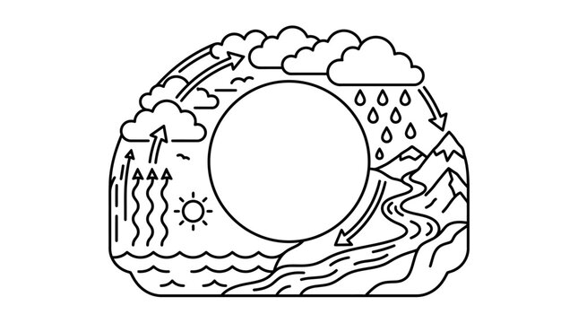 Dynamic Water Cycle Diagram Black and White Showing Evaporation Condensation Precipitation and Collection