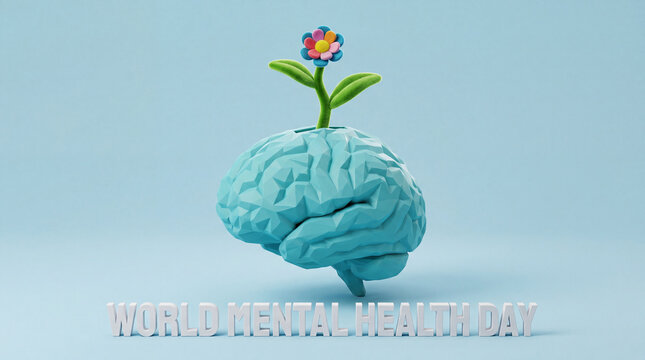 A 3D conceptual illustration for World Mental Health Day, featuring a stylized brain with a colorful flower blooming from it, symbolizing mental well-being.