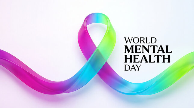 A conceptual 3D illustration featuring a glossy, multicolored gradient awareness ribbon for World Mental Health Day on a clean, white background.
