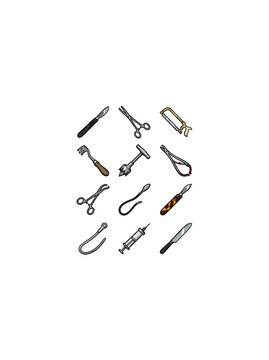 An Array Of Old Fashioned Medical Instruments Including A Scalpel Forceps Bone Saw Trephine Clamp Scissors Probe Syringe And Miscellaneous Surgical Devices Vector Illustration