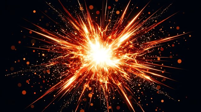 Bright golden light explosion on black background. Abstract firework burst with glowing sparks.
