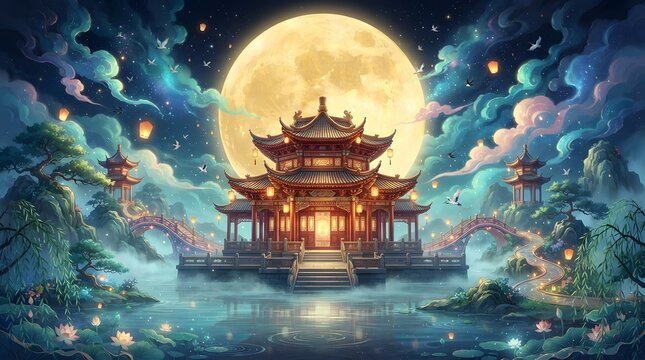 Mid autumn festival in china traditional pagoda under a full moon festive illustration