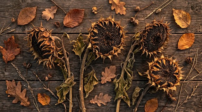 Dried sunflowers and autumn leaves on rustic wooden surface