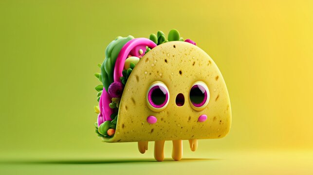 Cute taco character with colorful fillings on yellow background for food branding.

