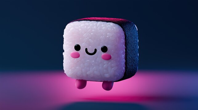 Cute sushi cube character in neon light 3D style for branding.

