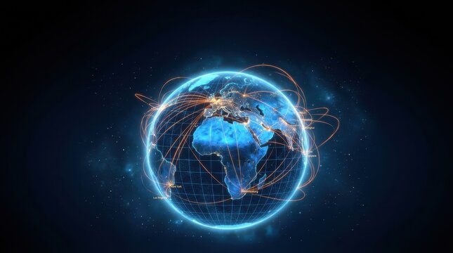 Futuristic digital planet Earth with glowing global network connections, data transfer lines, and internet technology nodes rendering worldwide communication, logistics, and cyber business.