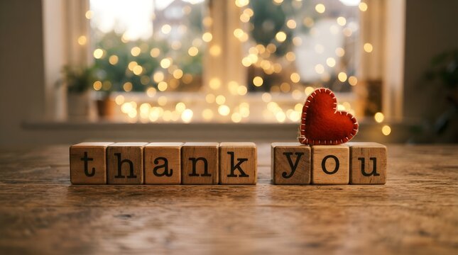 Handwritten thank you message on wooden blocks. Gratitude note with heart decoration for appreciation and recognition.