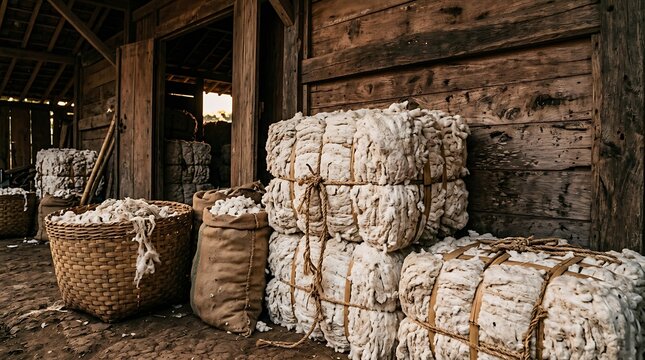 Stacks of raw cotton fiber in a historic agricultural storehouse