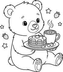 Cute bear holding tray with pancakes and hot cocoa surrounded by stars and strawberries coloring page line art © Nurjahan