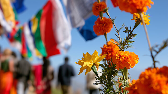 Vibrant Marigold Flowers Displayed During the Traditional Dashain Festival Celebrations in Nepal with Prayer Flags in the Background