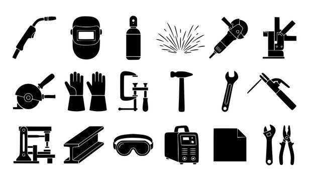 Industrial welding metal fabrication tools gas cylinder helmet and sparks silhouette vector collection