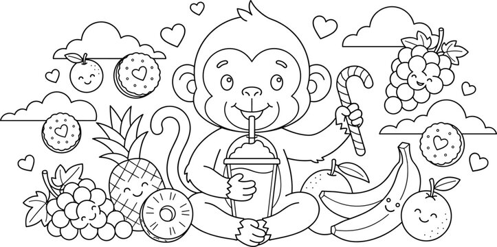 Cute monkey drinking smoothie and holding candy cane surrounded by fruits and cookies coloring page line art