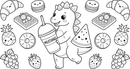 Cute dinosaur holding milkshake and watermelon surrounded by sweet treats and fruits coloring page line art © Nurjahan