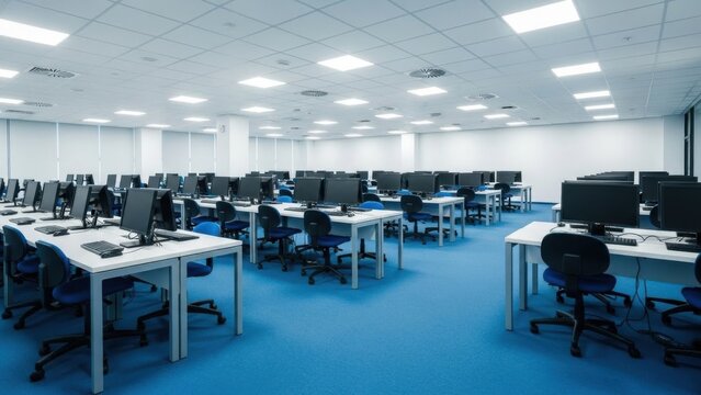 Modern computer lab with rows of desks and monitors under bright fluorescent lighting