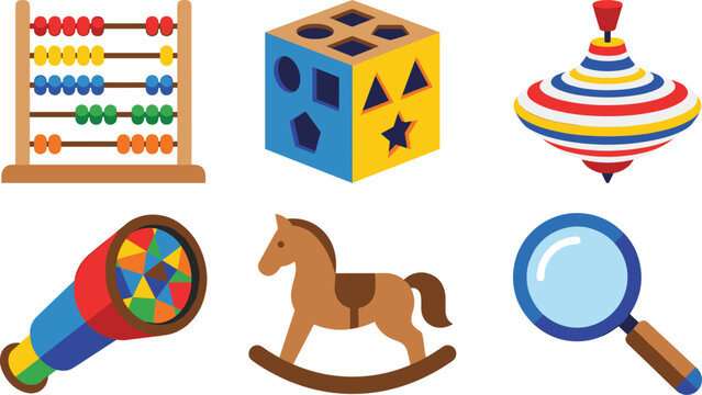Colorful Educational and Classic Children's Toy Illustration Set Featuring Abacus Shape Sorter Rocking Horse and Kaleidoscope