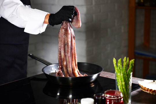 Cook holds octopus over the pan. Cooking an octopus dish. Seafood dishes. Protein food. An unrecognizable person. Vertical photo. Dark background