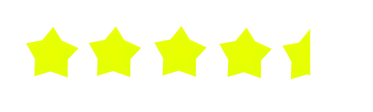 Four and a half yellow star review rating icon isolated on white background image.