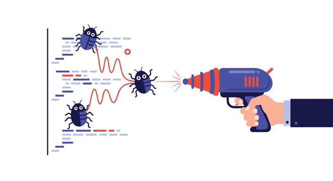 Businessman holding a futuristic ray gun to eliminate software bugs and errors from lines of computer programming code.
