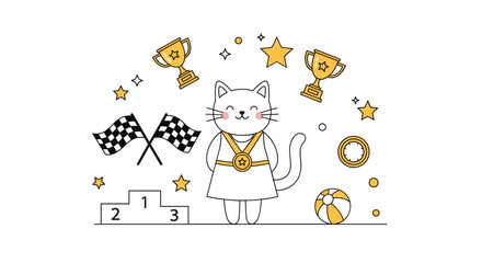 Obraz premium Adorable cartoon cat winner standing next to a championship podium surrounded by gold cups and racing flags.