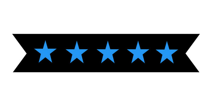 Five blue star rating banner icon with black ribbon isolated on clean white background.