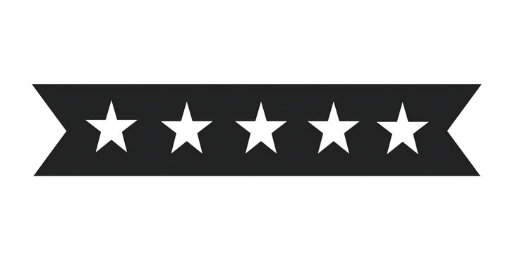 Customer review black banner featuring five white stars isolated on a solid white background.